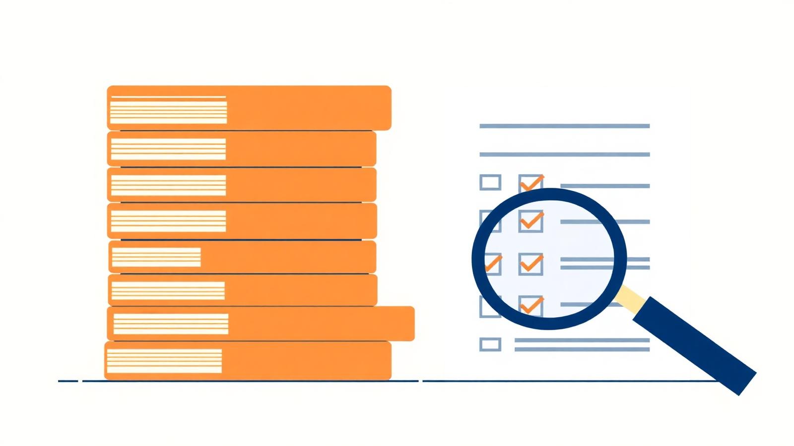 Stacks of organized financial documents and a magnifying glass representing due diligence