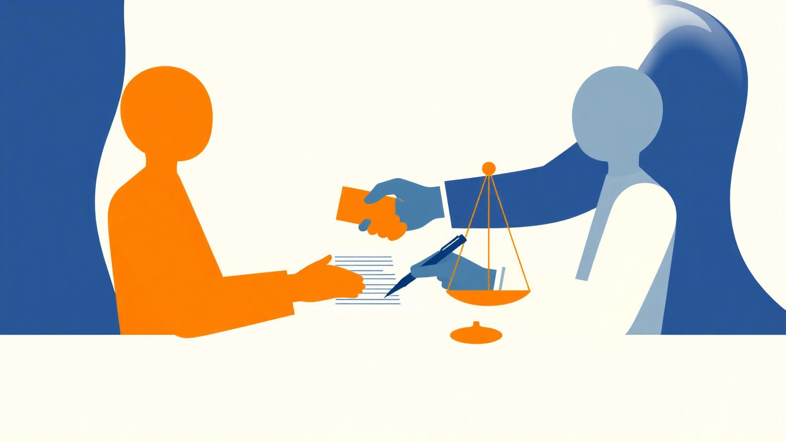 Two professionals negotiating and signing a business sale contract